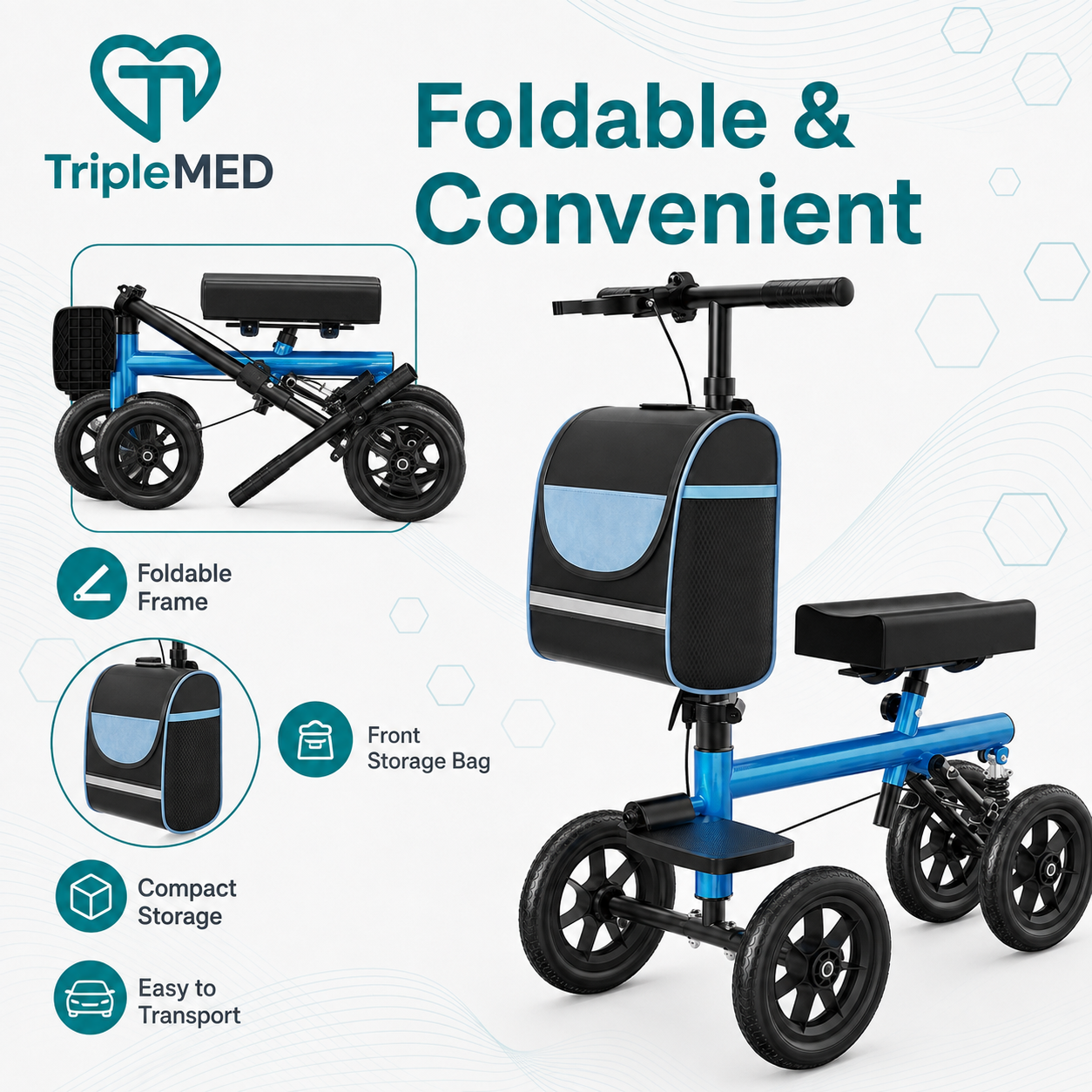 TripleMED Knee Walker Scooter Height Adjustable Crutch Alternative Blue