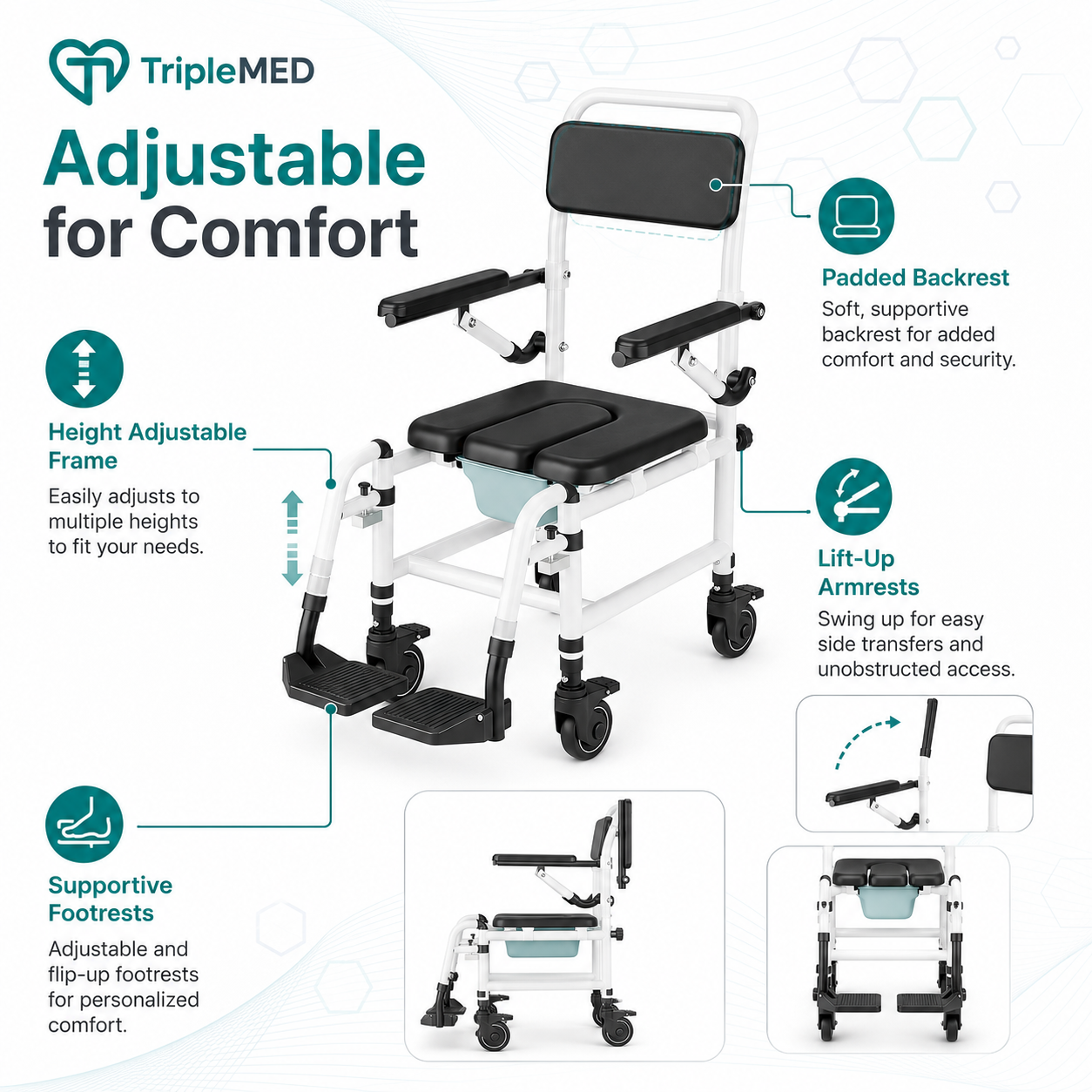 TripleMED 4-in-1 Shower Commode Transport Chair with Wheels