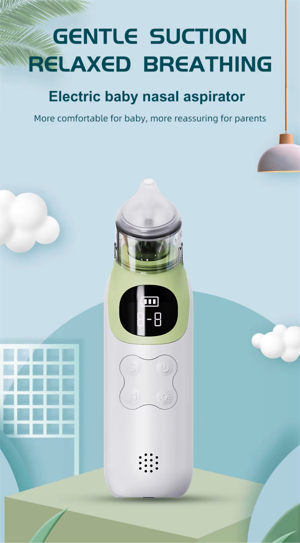 Adjustable Silicone Baby Nasal Aspirator Rechargeable Battery White Green