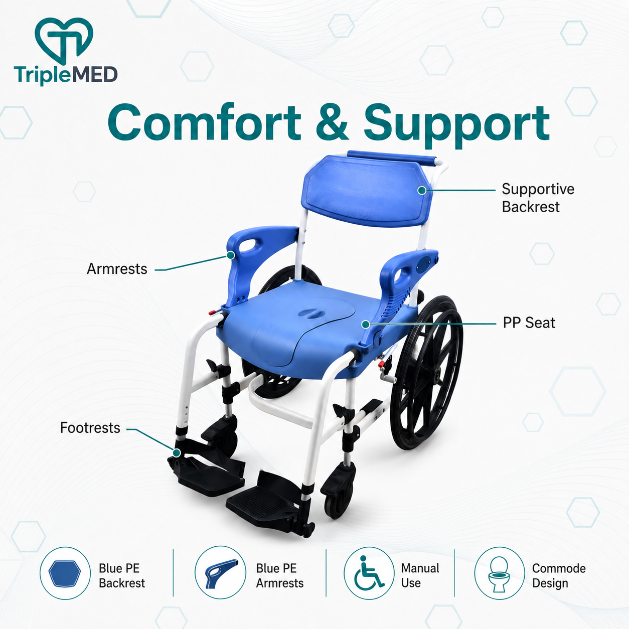 TripleMED Commode Wheelchair with Brakes and Footrests Blue