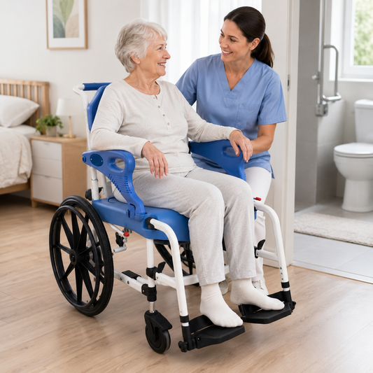 TripleMED Commode Wheelchair with Brakes and Footrests Blue