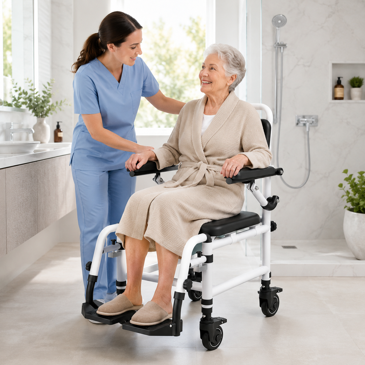 TripleMED 4-in-1 Shower Commode Transport Chair with Wheels