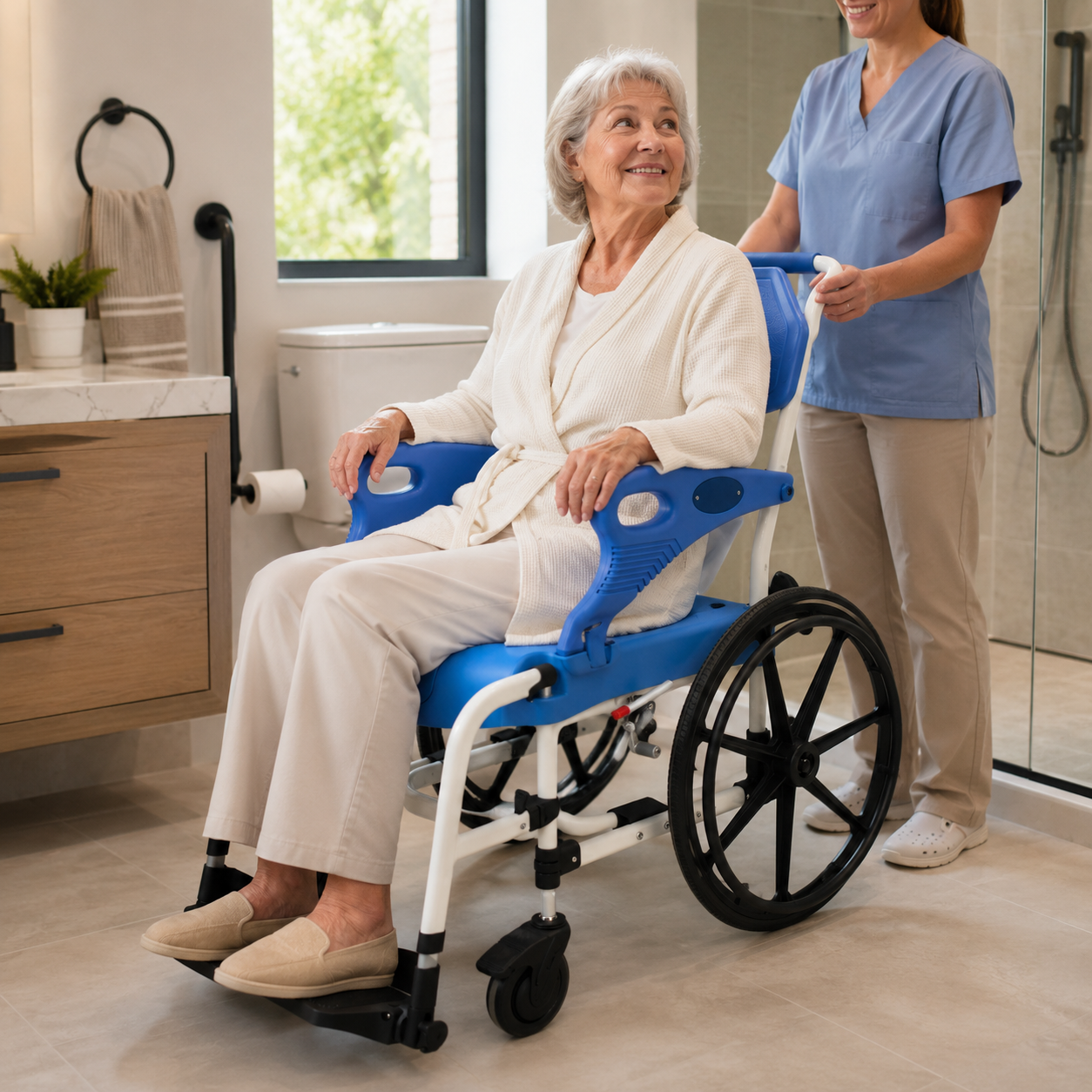 TripleMED Commode Wheelchair with Brakes and Footrests Blue