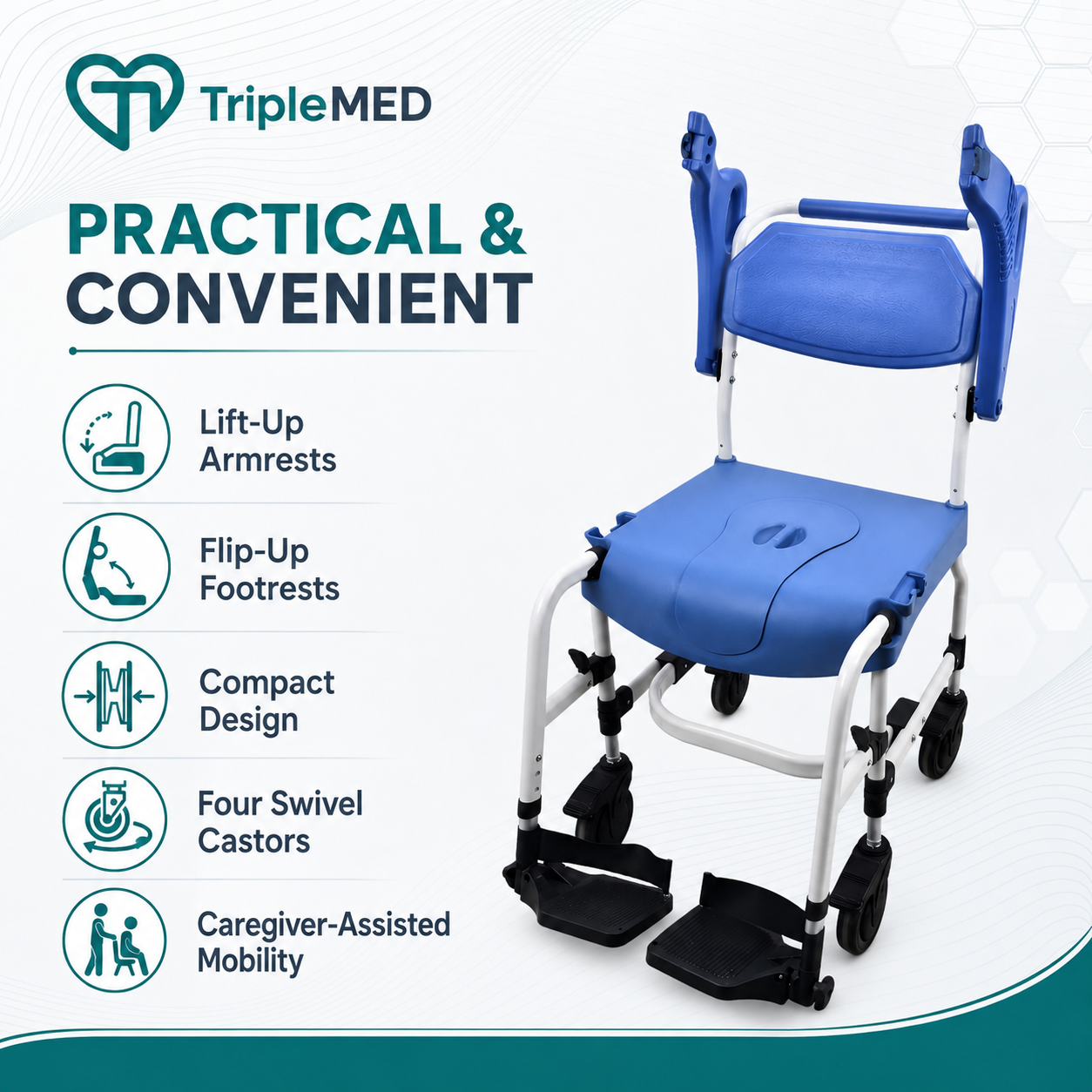 TripleMED Commode Transport Chair with Brakes & Footrests Blue