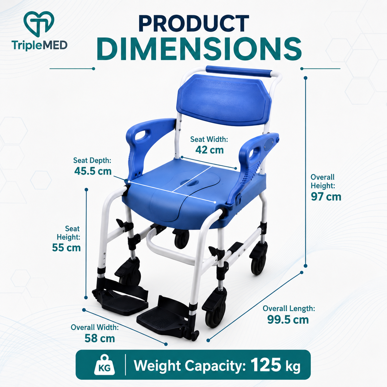 TripleMED Commode Transport Chair with Brakes & Footrests Blue