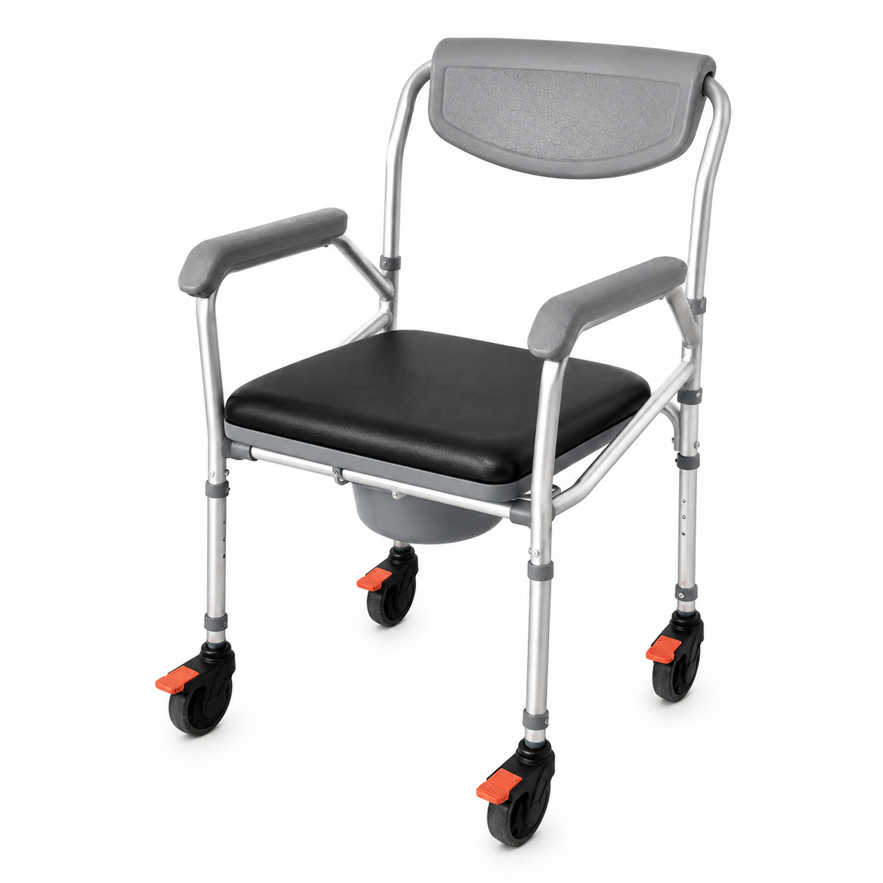 TripleMED Foldable Commode Chair with Wheels and Removable Bucket - Grey