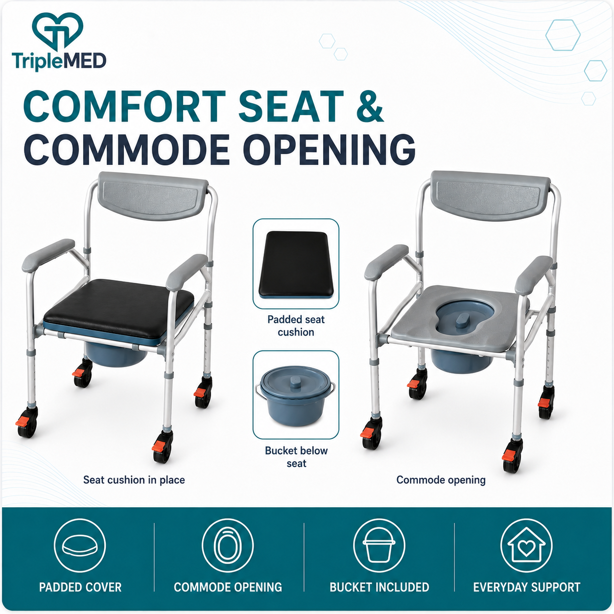 TripleMED Foldable Commode Chair with Wheels and Removable Bucket - Grey