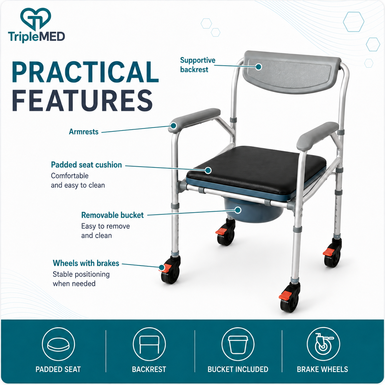 TripleMED Foldable Commode Chair with Wheels and Removable Bucket - Grey