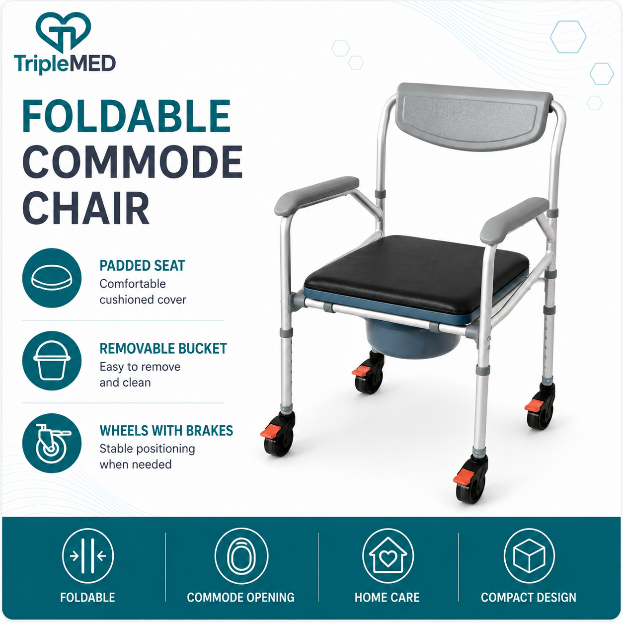 TripleMED Foldable Commode Chair with Wheels and Removable Bucket - Grey