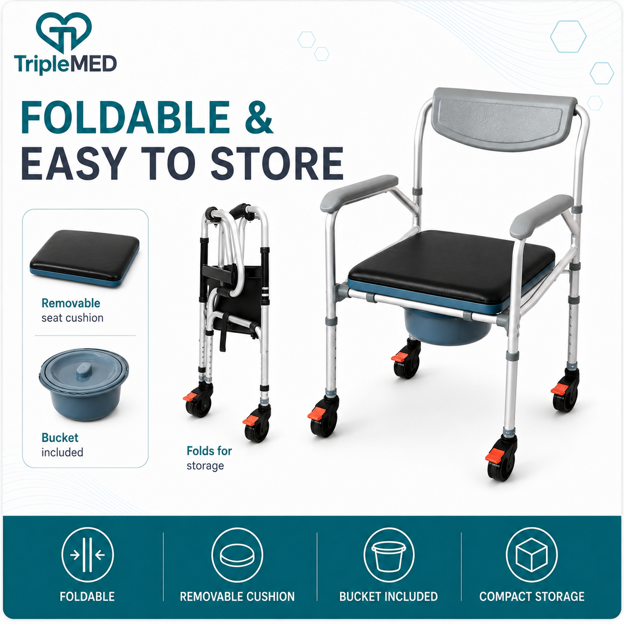 TripleMED Foldable Commode Chair with Wheels and Removable Bucket - Grey