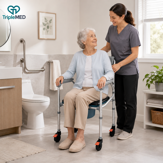 TripleMED Foldable Commode Chair with Wheels and Removable Bucket - Grey