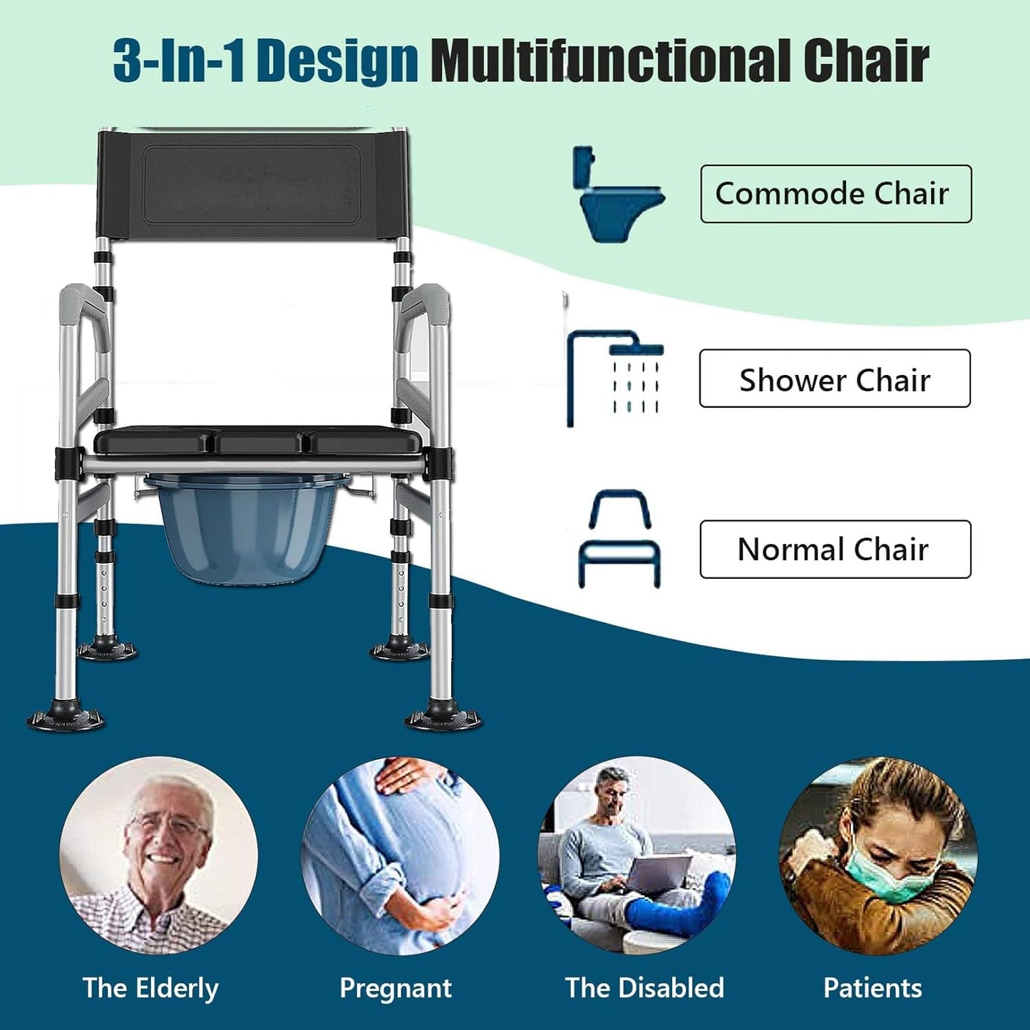 Adjustable Bedside Commode Chair Stainless Frame Grey Seat Pan Navy/Silver