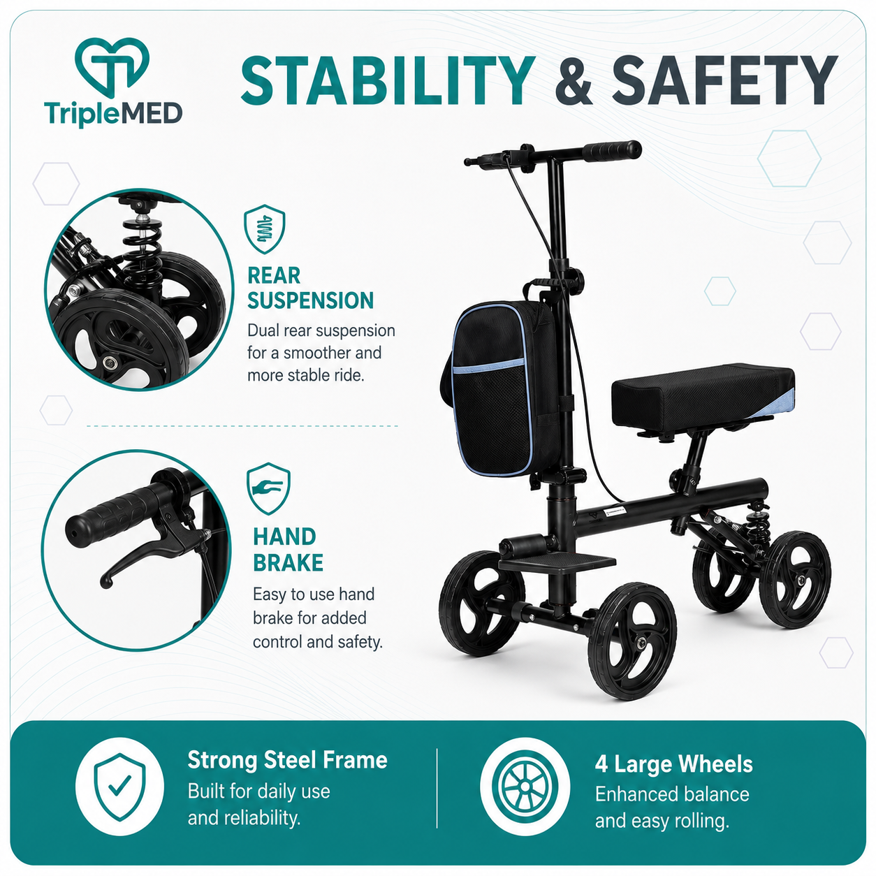 TripleMED Knee Walker Scooter Height Adjustable with Suspension Black