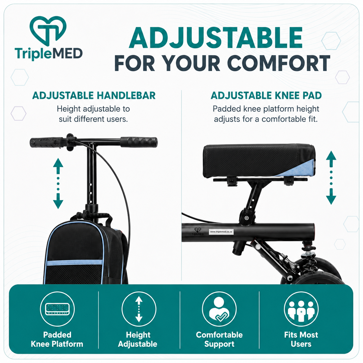TripleMED Knee Walker Scooter Height Adjustable with Suspension Black