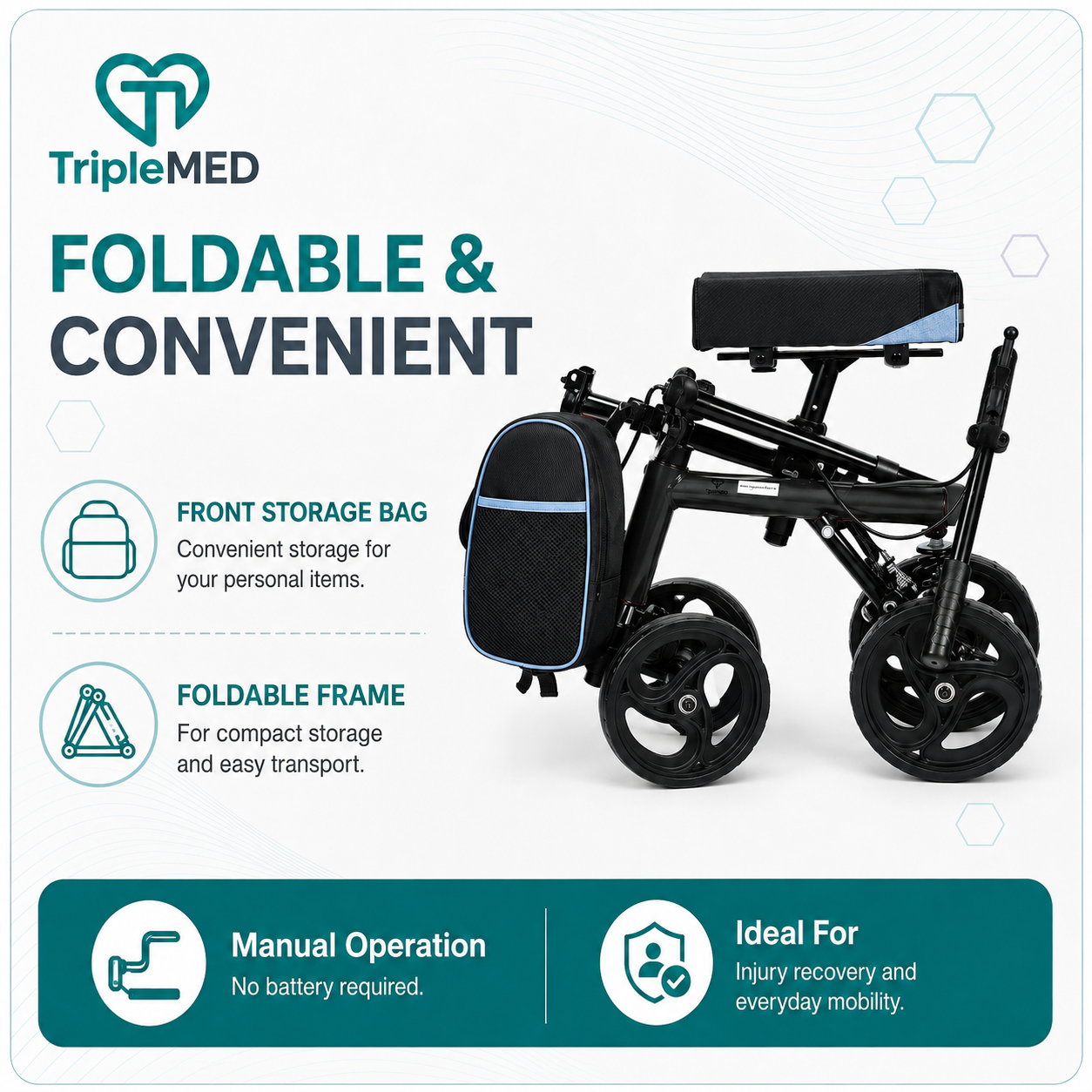 TripleMED Knee Walker Scooter Height Adjustable with Suspension Black