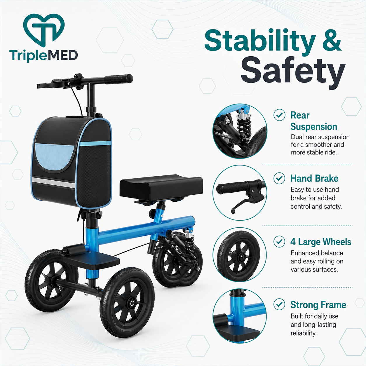TripleMED Knee Walker Scooter Height Adjustable Crutch Alternative Blue