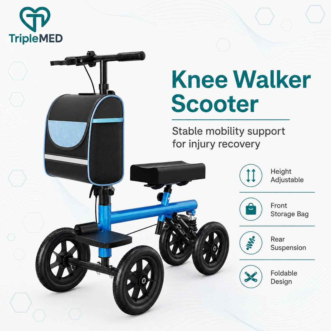 TripleMED Knee Walker Scooter Height Adjustable Crutch Alternative Blue