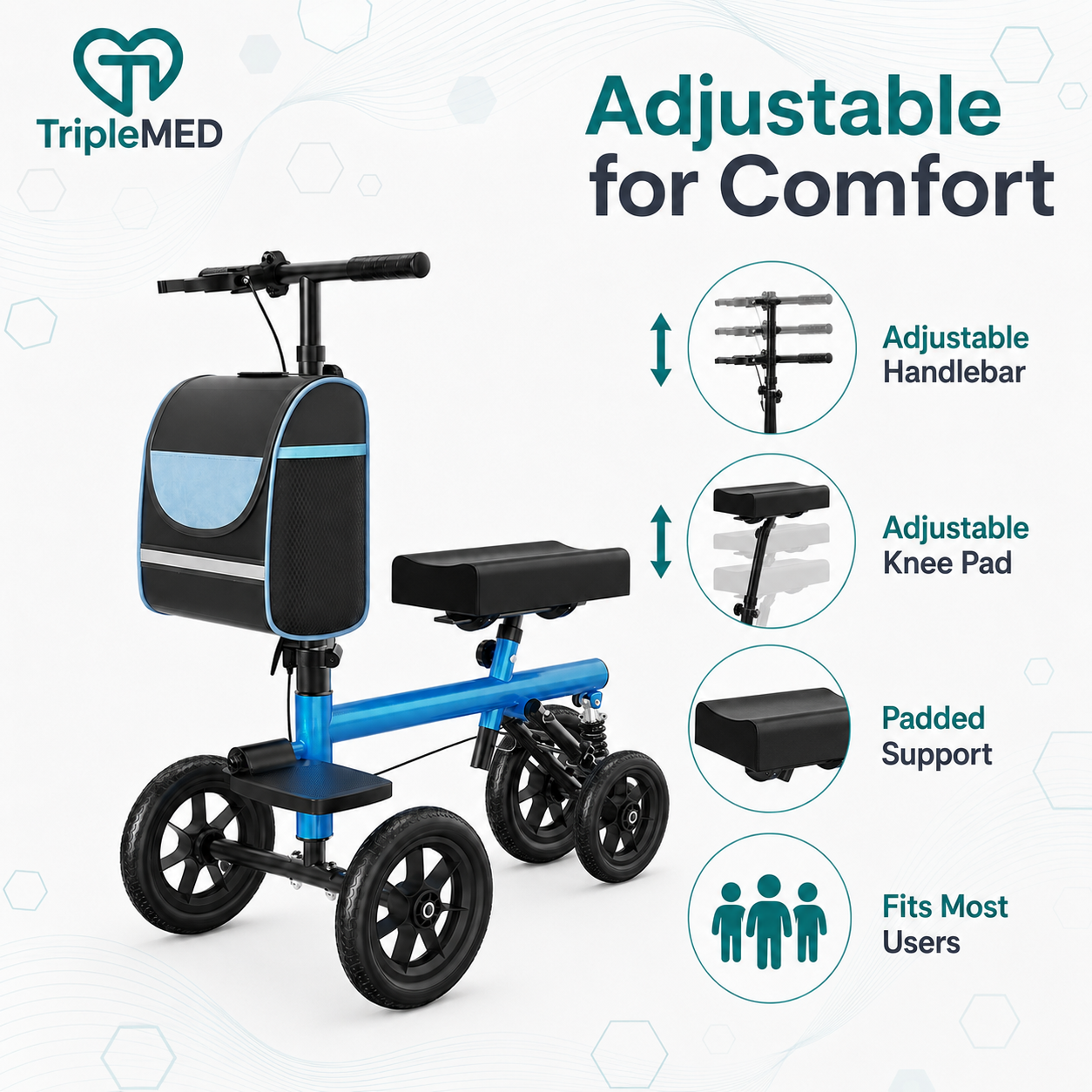 TripleMED Knee Walker Scooter Height Adjustable Crutch Alternative Blue