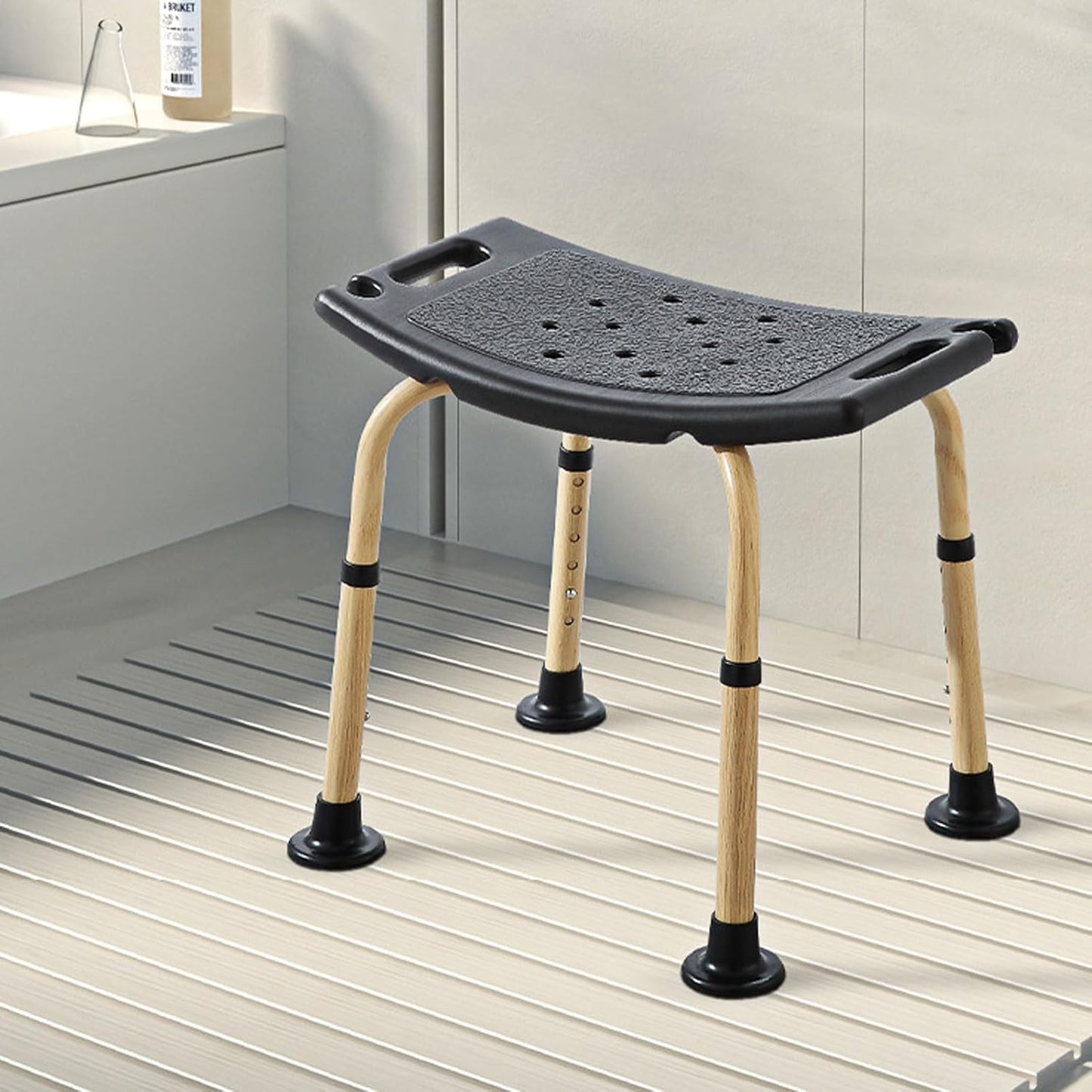 Adjustable Shower Stool - Wood-Finish Aluminium Frame & Anti-Slip Feet