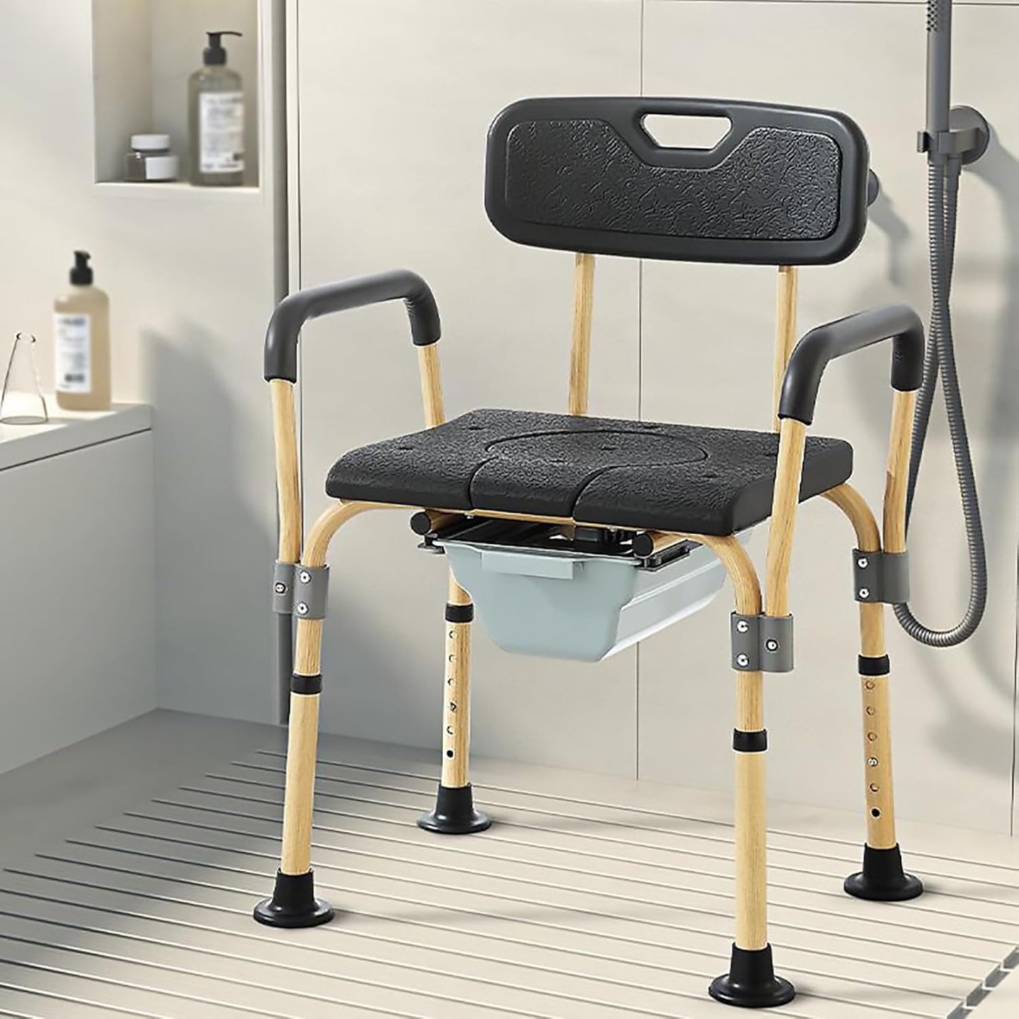 Aluminium Commode & Shower Chair - Adjustable with Wooden Finish