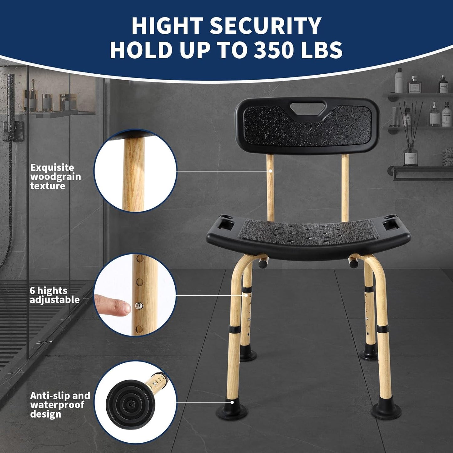 Adjustable HeavyDuty Shower Chair Elderly Disabled Support Seat Wood Finish