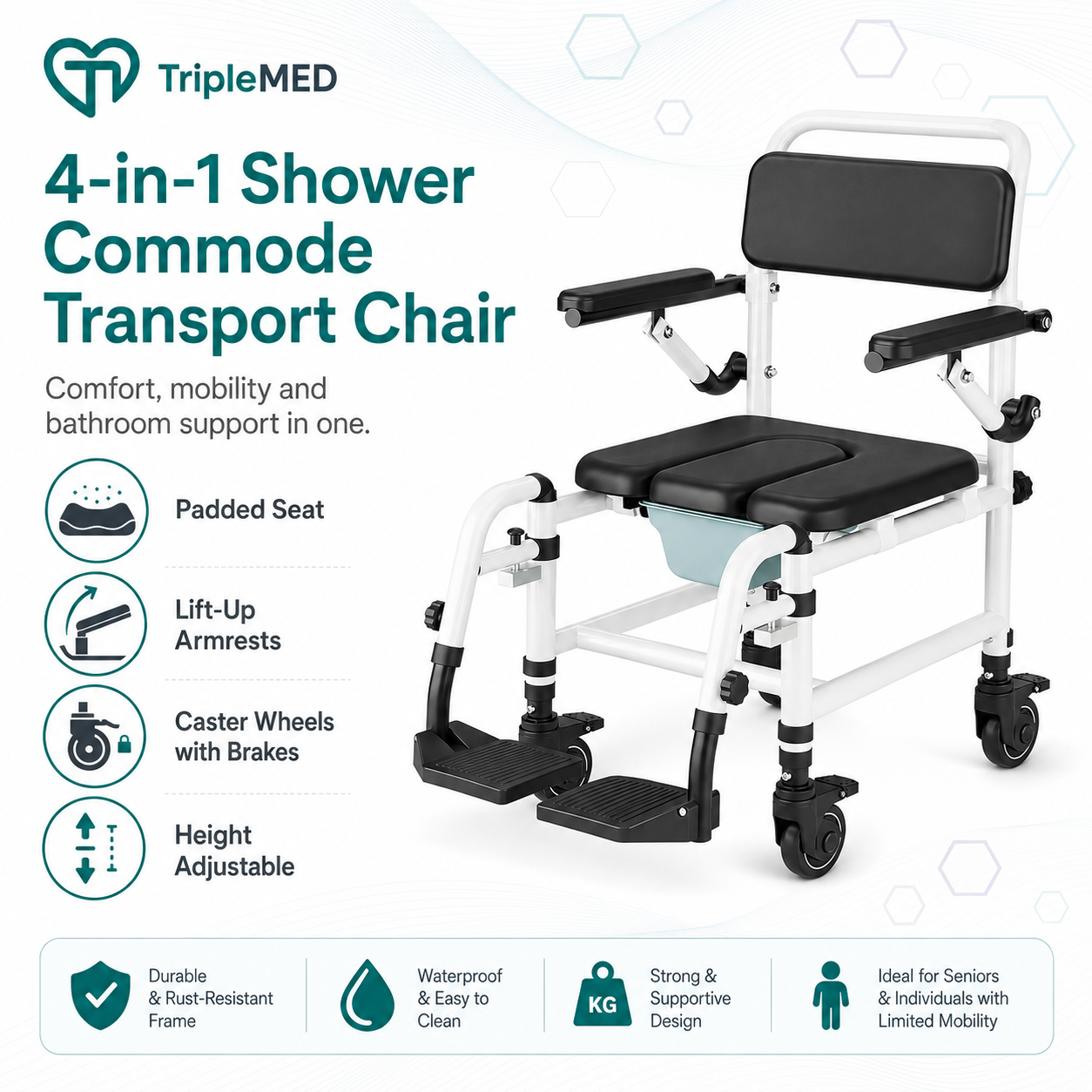TripleMED 4-in-1 Shower Commode Transport Chair with Wheels
