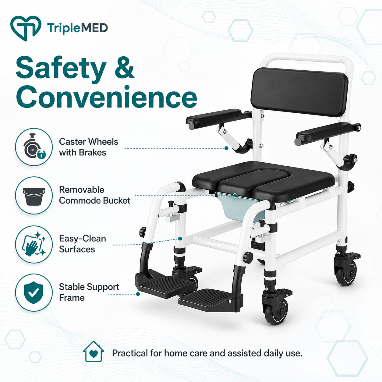 TripleMED 4-in-1 Shower Commode Transport Chair with Wheels