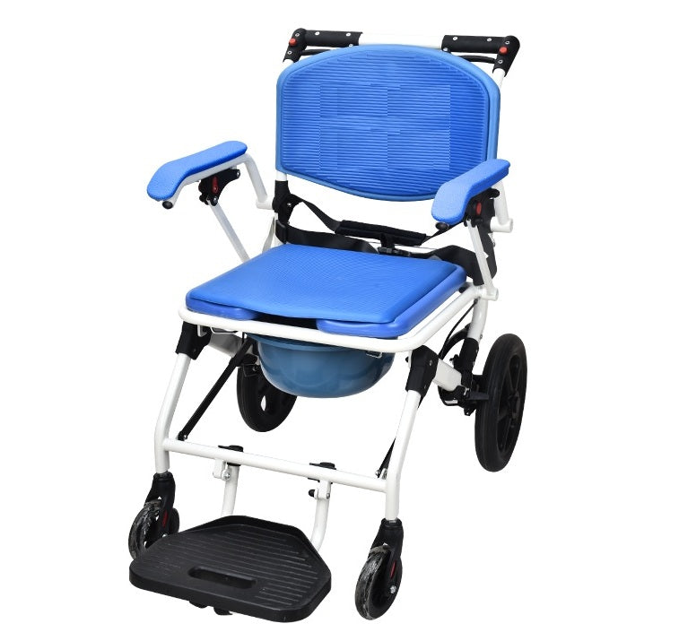 Foldable Commode Shower Chair - Aluminium Frame with Wheels White Blue