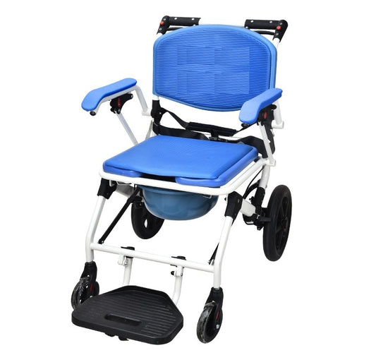 Foldable Commode Shower Chair - Aluminium Frame with Wheels White Blue