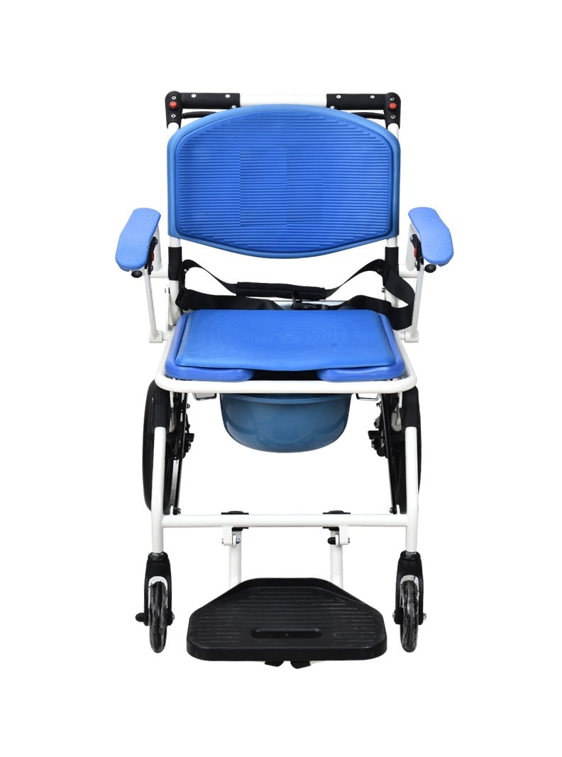 Foldable Commode Shower Chair - Aluminium Frame with Wheels White Blue