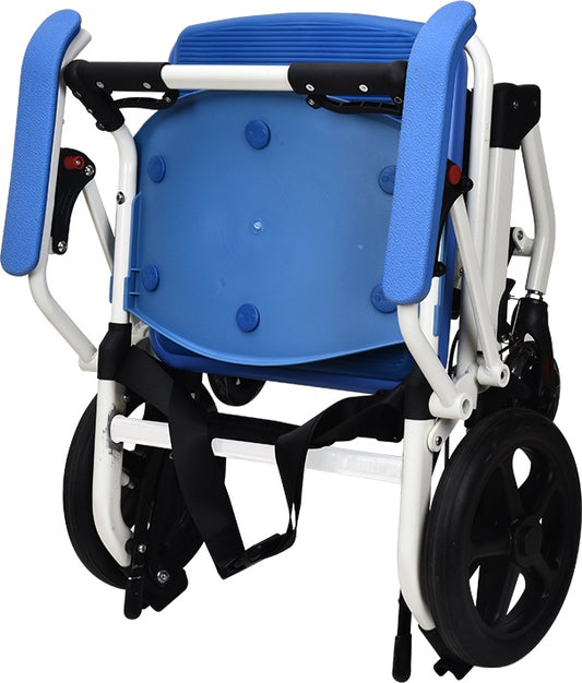 Foldable Commode Shower Chair - Aluminium Frame with Wheels White Blue