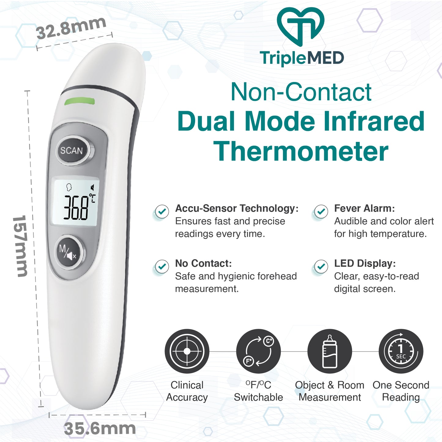 TripleMED Forehead & Ear Infrared Thermometer Non-Contact Temperature Check