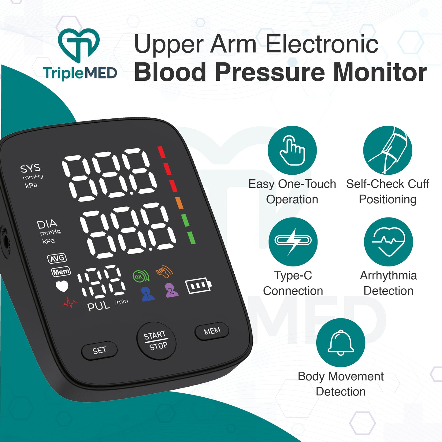 TripleMED Upper Arm Blood Pressure Monitor with LED Display Black