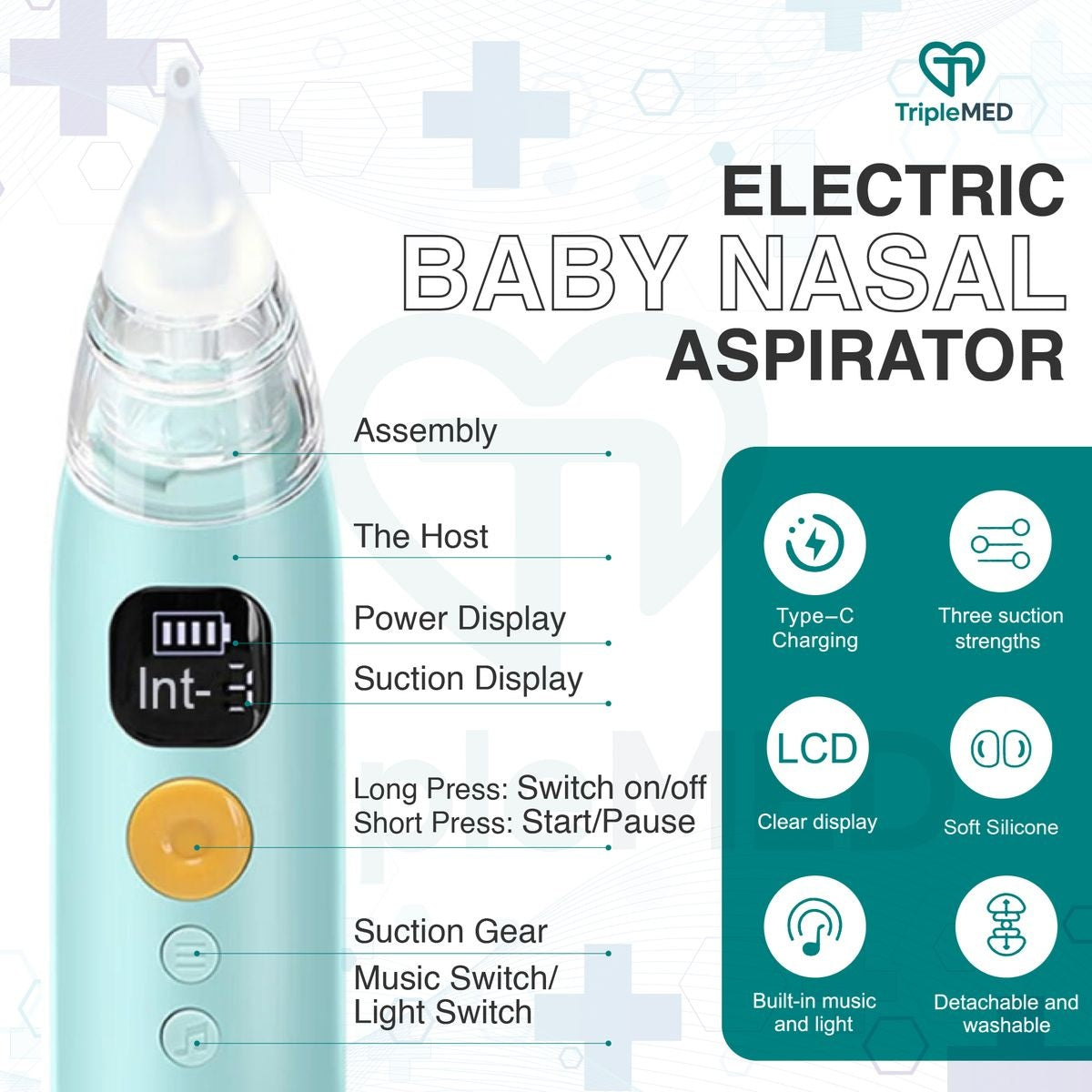 TripleMED Baby Nasal Aspirator Electric Suction Nose Cleaner Blue