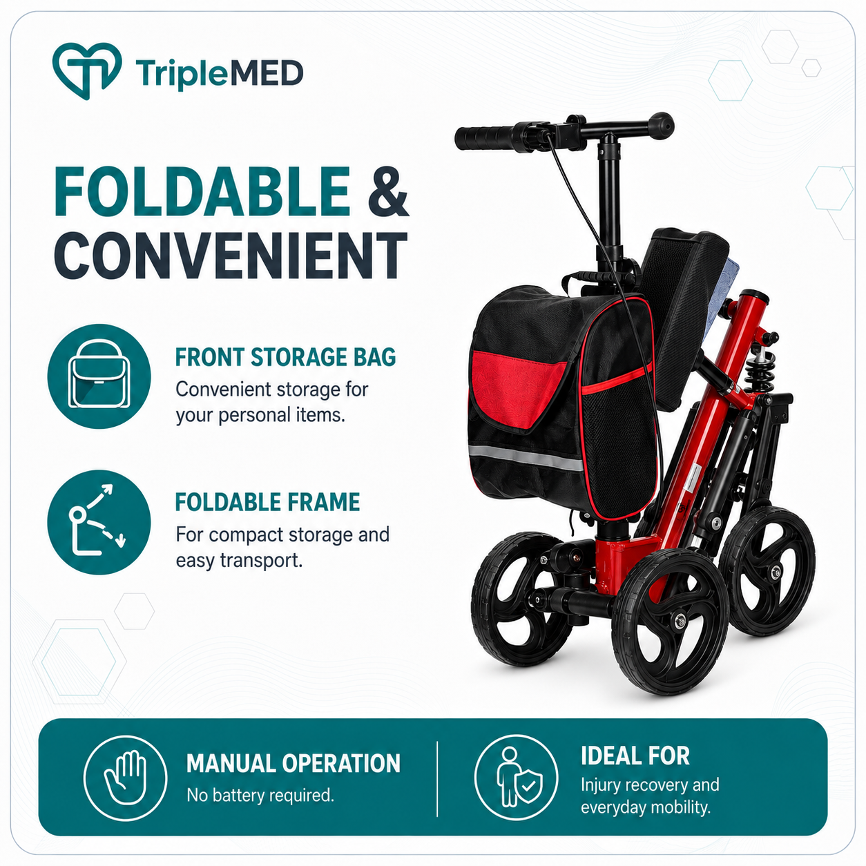 TripleMED Knee Walker Scooter Height Adjustable with Suspension Red
