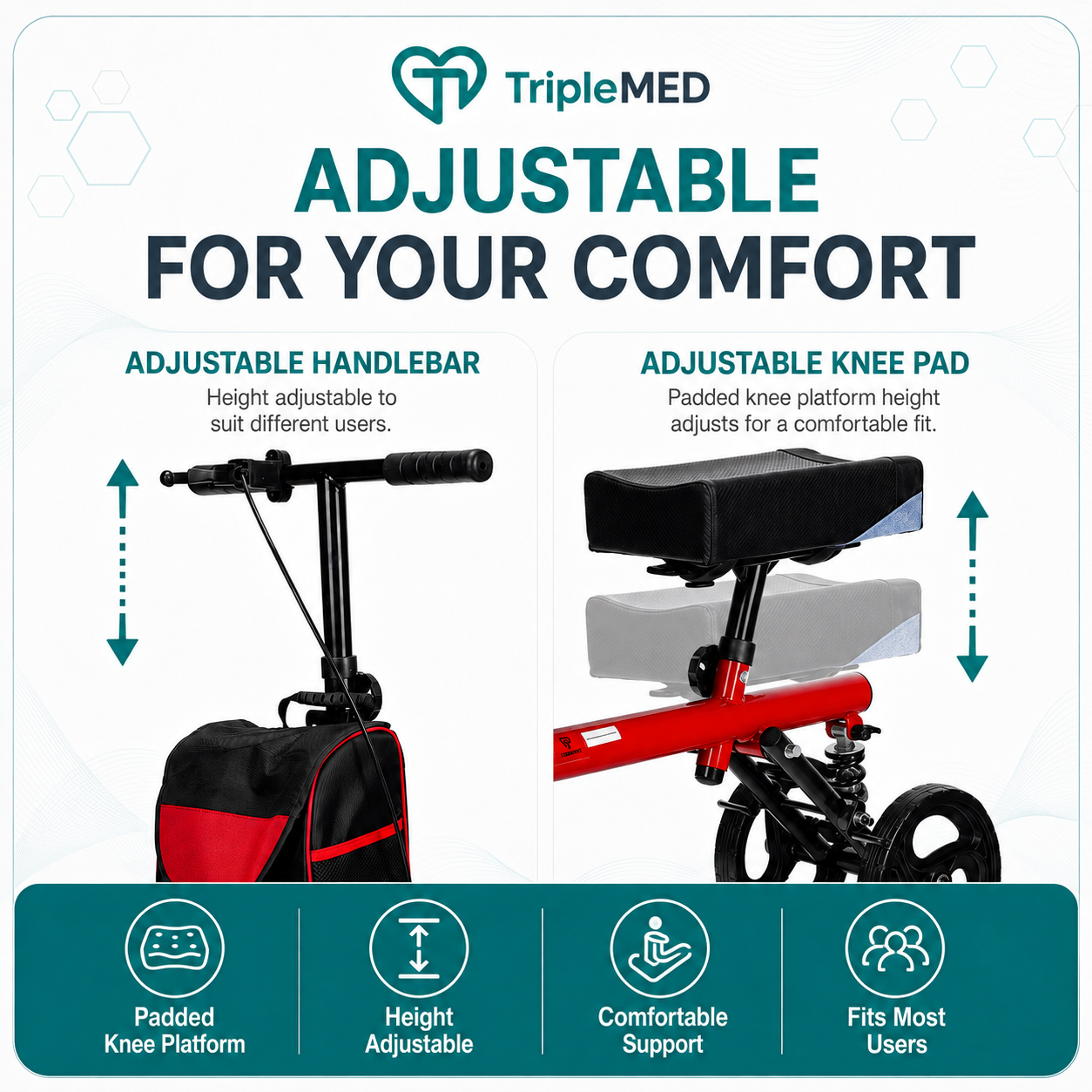 TripleMED Knee Walker Scooter Height Adjustable with Suspension Red