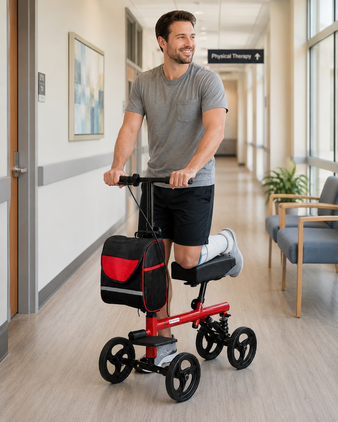 TripleMED Knee Walker Scooter Height Adjustable with Suspension Red