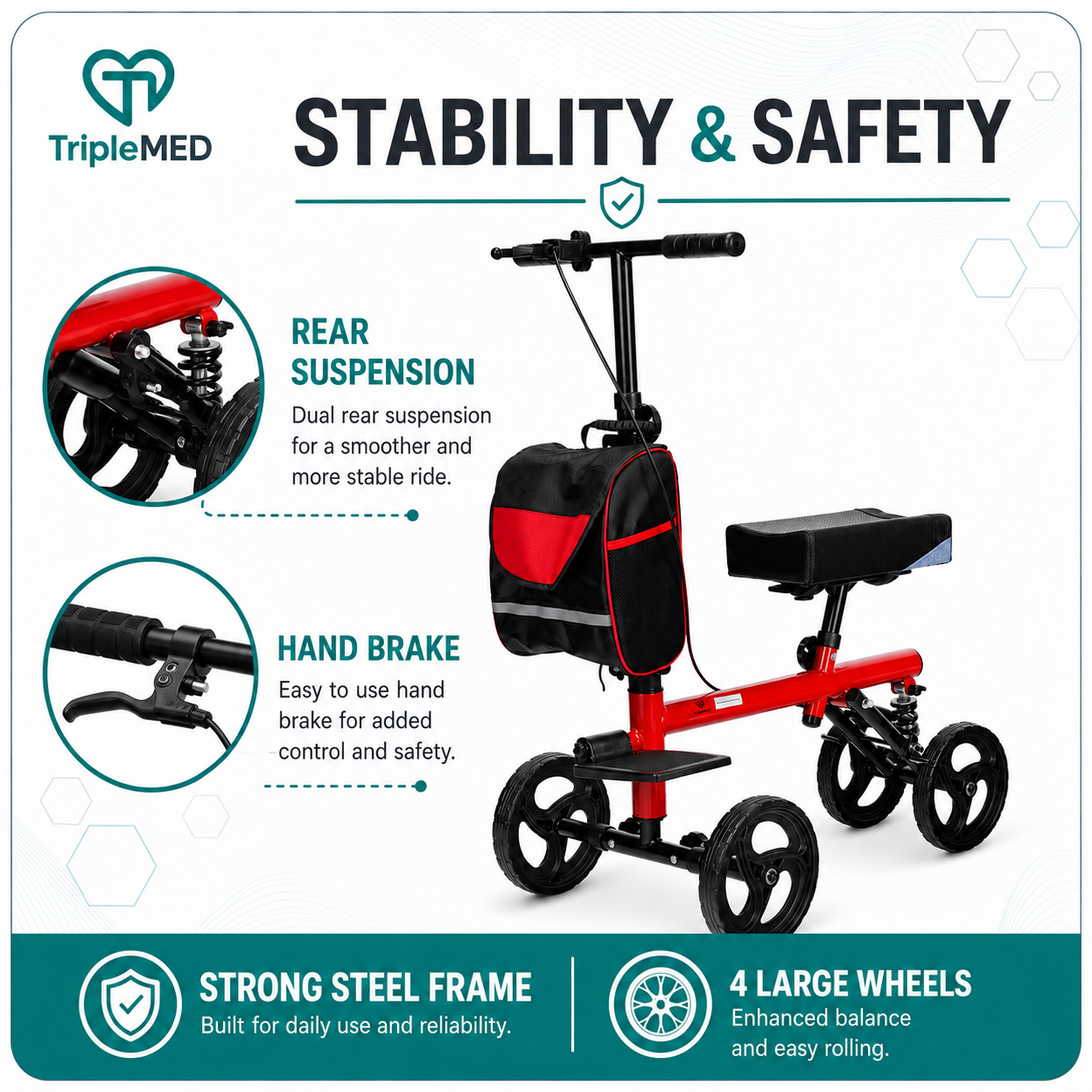 TripleMED Knee Walker Scooter Height Adjustable with Suspension Red