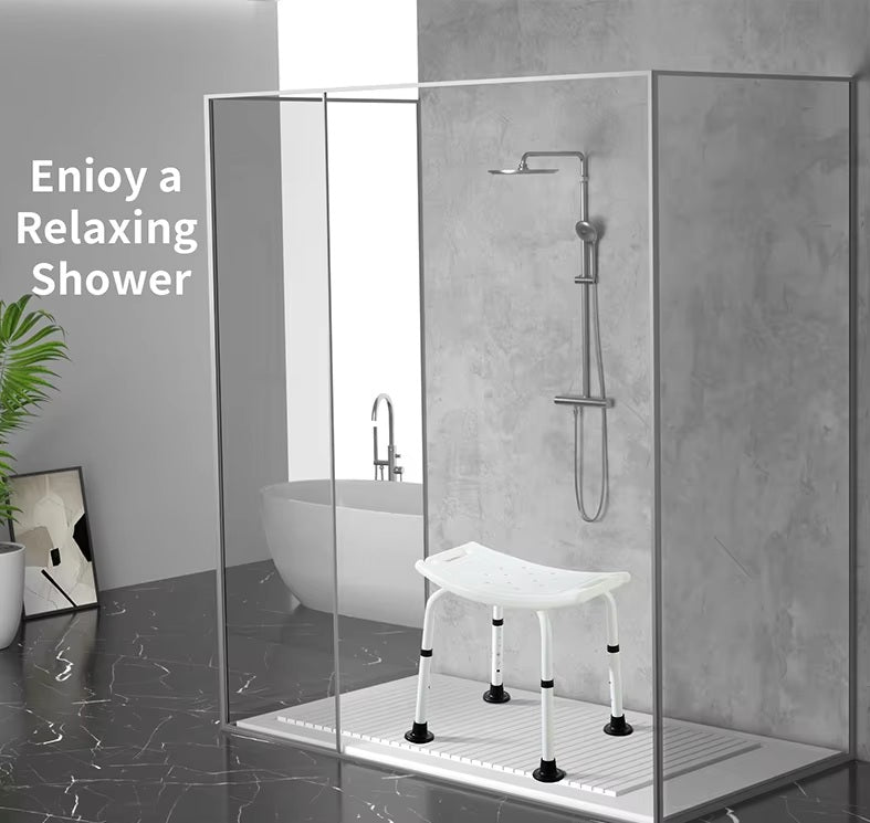 Adjustable Shower Stool - White & Grey Aluminium Frame, Anti-Slip Feet