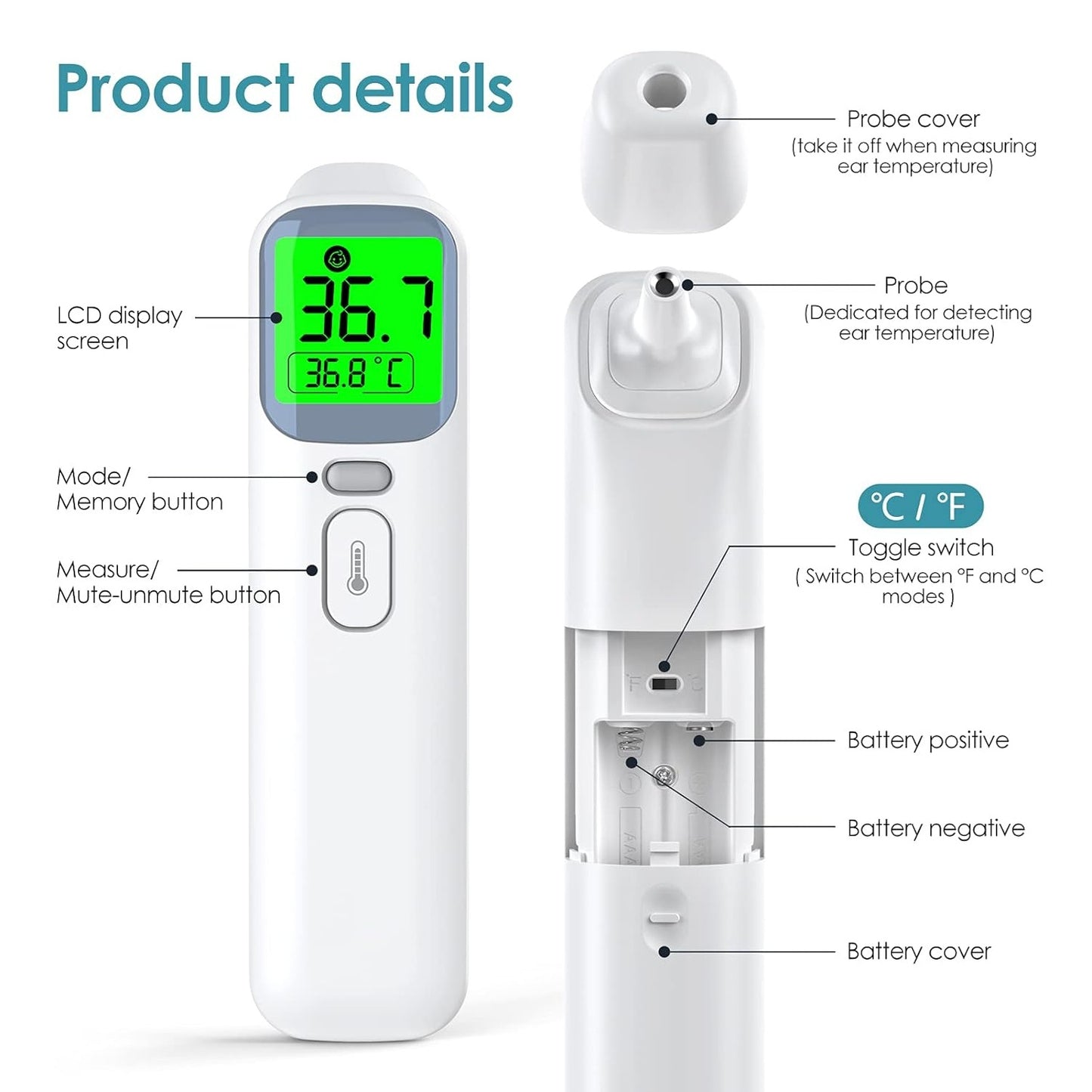 Dual-Mode Infrared Thermometer - No-Touch Forehead & Ear - White