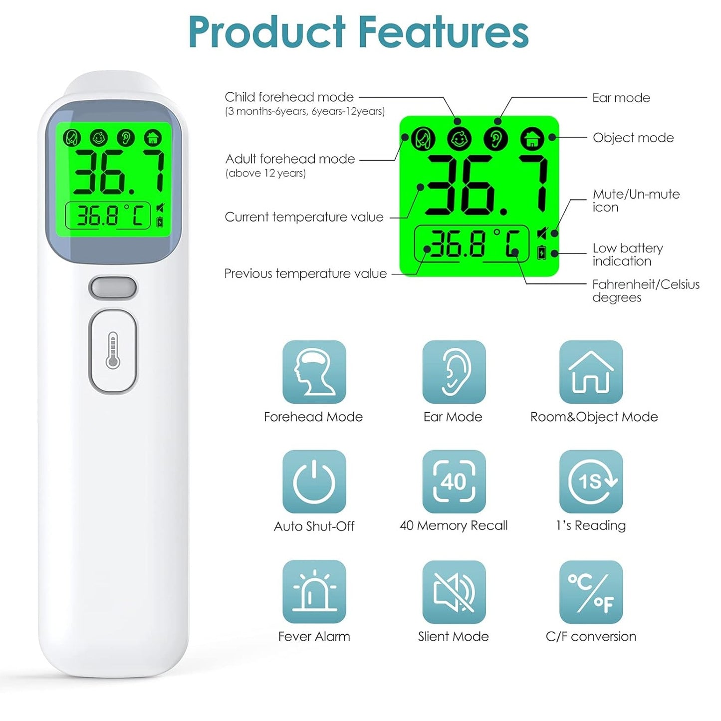 Dual-Mode Infrared Thermometer - No-Touch Forehead & Ear - White