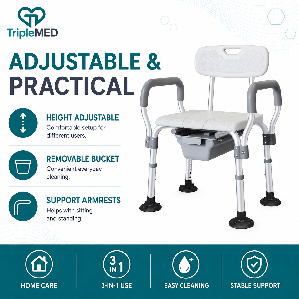 TripleMED Adjustable Bedside Commode Chair with Bucket & Armrests