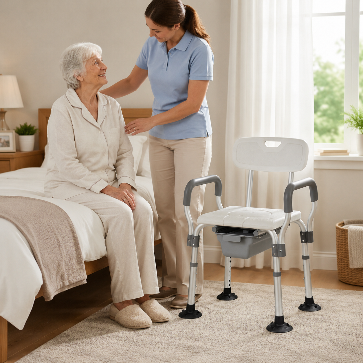 TripleMED Adjustable Bedside Commode Chair with Bucket & Armrests