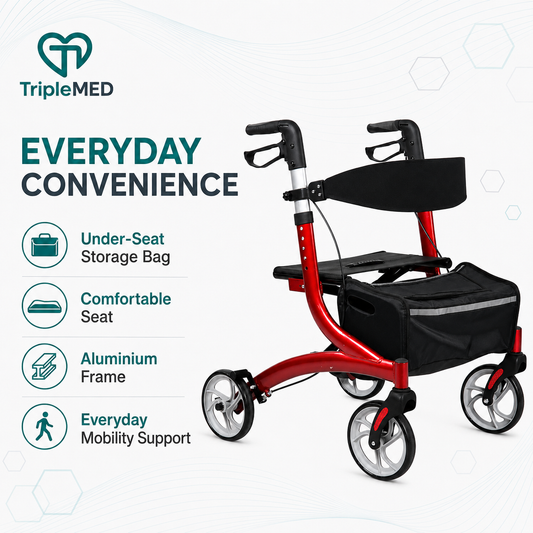 TripleMED Adjustable Aluminium Rollator Walker with Seat - Red