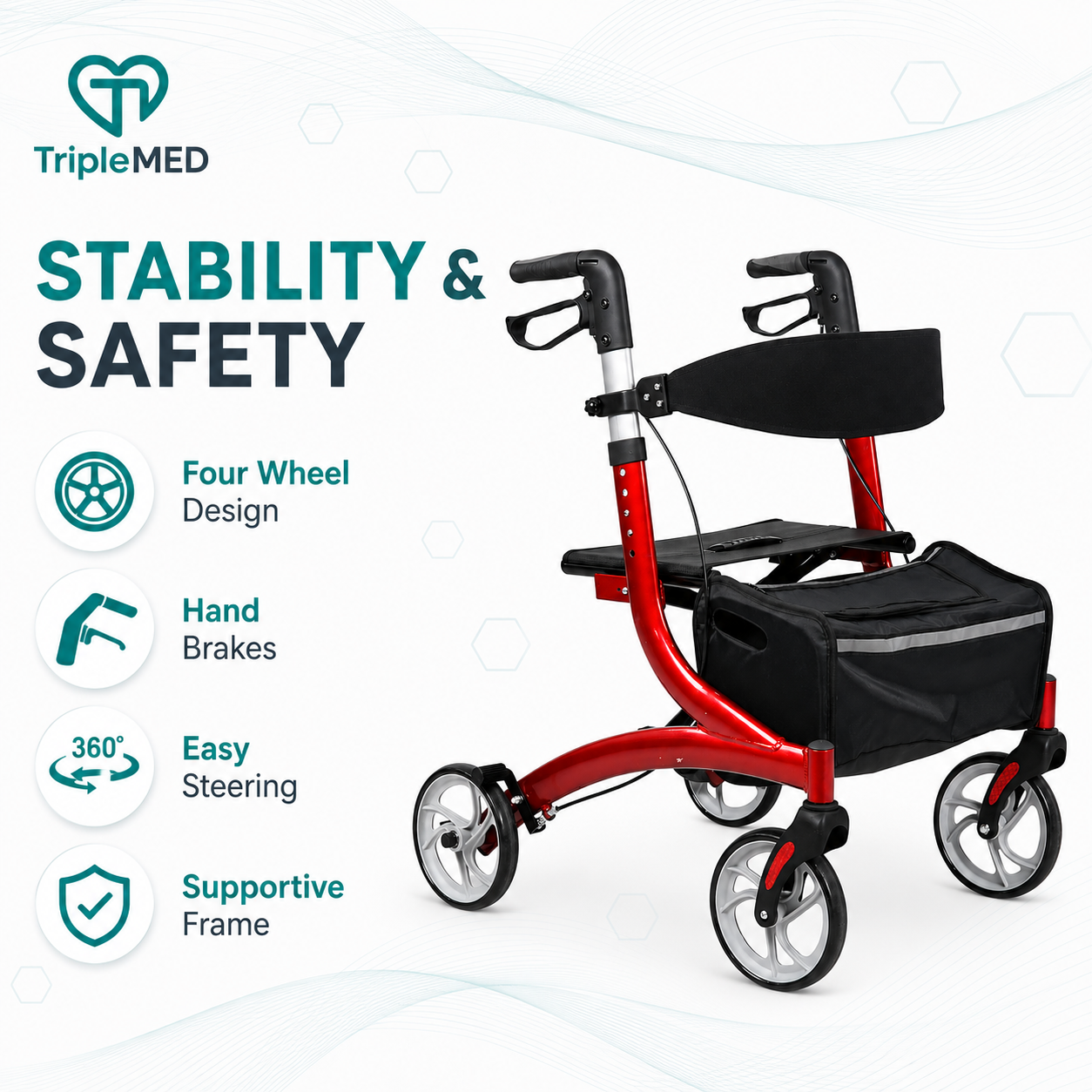 TripleMED Adjustable Aluminium Rollator Walker with Seat - Red