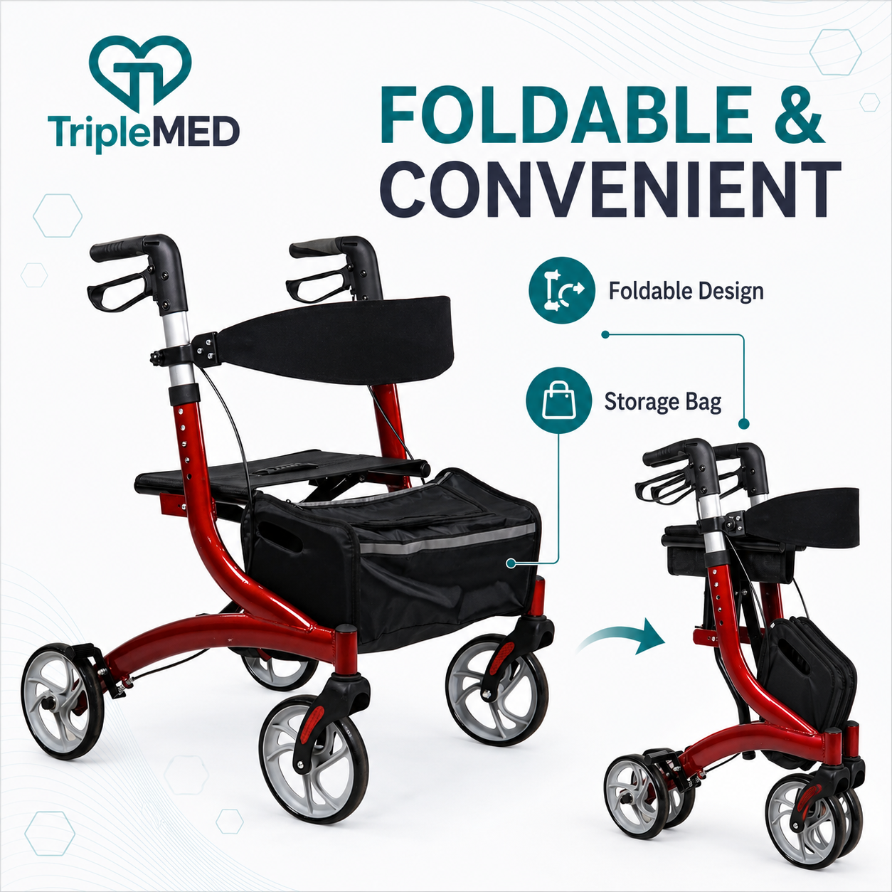 TripleMED Adjustable Aluminium Rollator Walker with Seat - Red