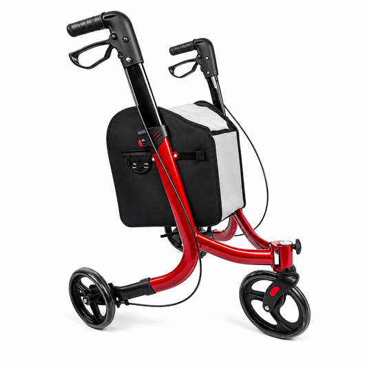 TripleMED Three-Wheel Aluminium Rollator Walker with Bag Red