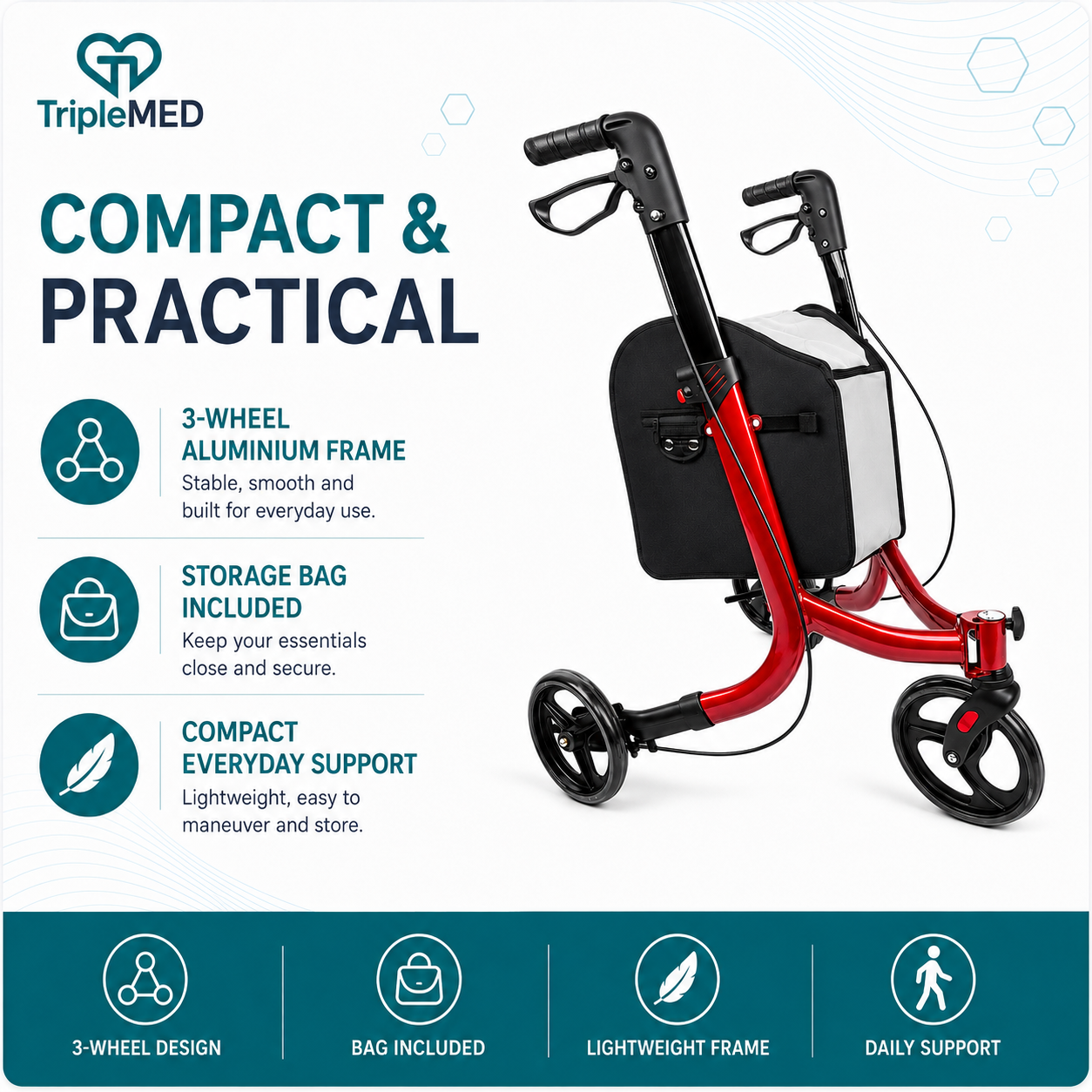 TripleMED Three-Wheel Aluminium Rollator Walker with Bag Red