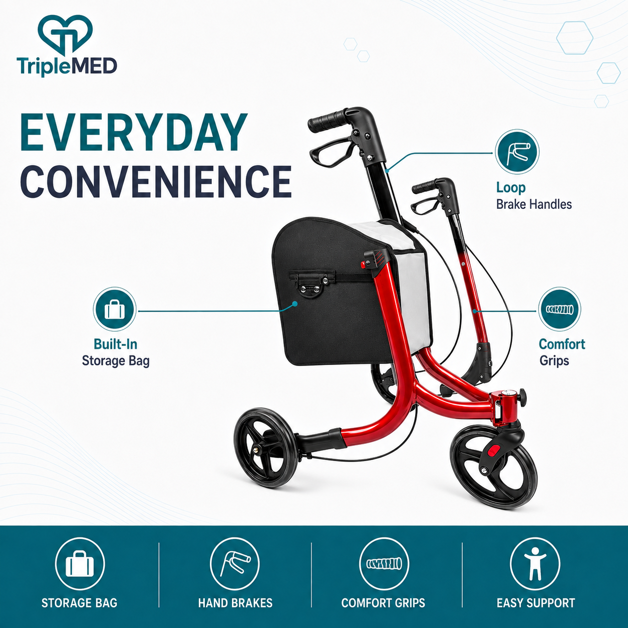 TripleMED Three-Wheel Aluminium Rollator Walker with Bag Red