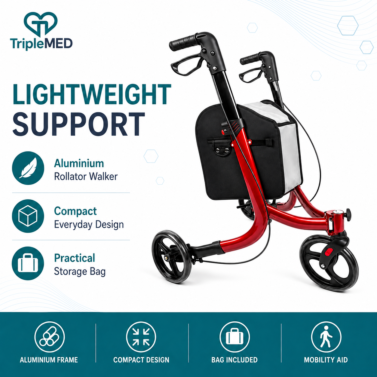 TripleMED Three-Wheel Aluminium Rollator Walker with Bag Red